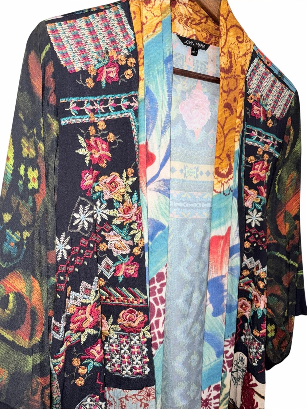 John Mark Floral Embroidered Patchwork Open Front Kimono/Cardigan Bohemian - Picture 3 of 8
